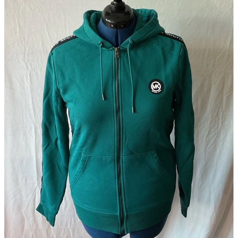 Michael Kors Womens Teal Green Logo Tape Full Zip Hoodie Sweatshirt Size M